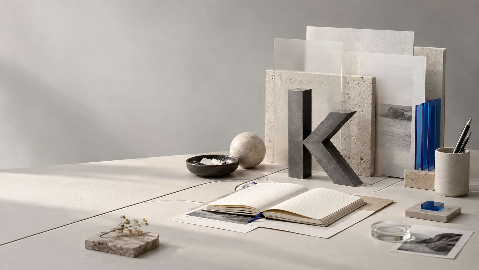 An ordered workspace of paper, glass, a notebook and a Kaldur symbol